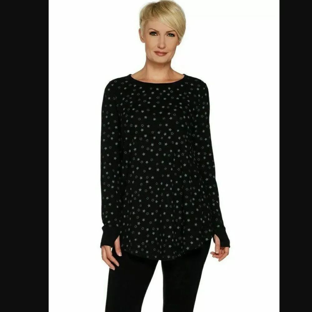 NWT AnyBody Cozy Knit Waffle Swing Top in Black Star | Size S